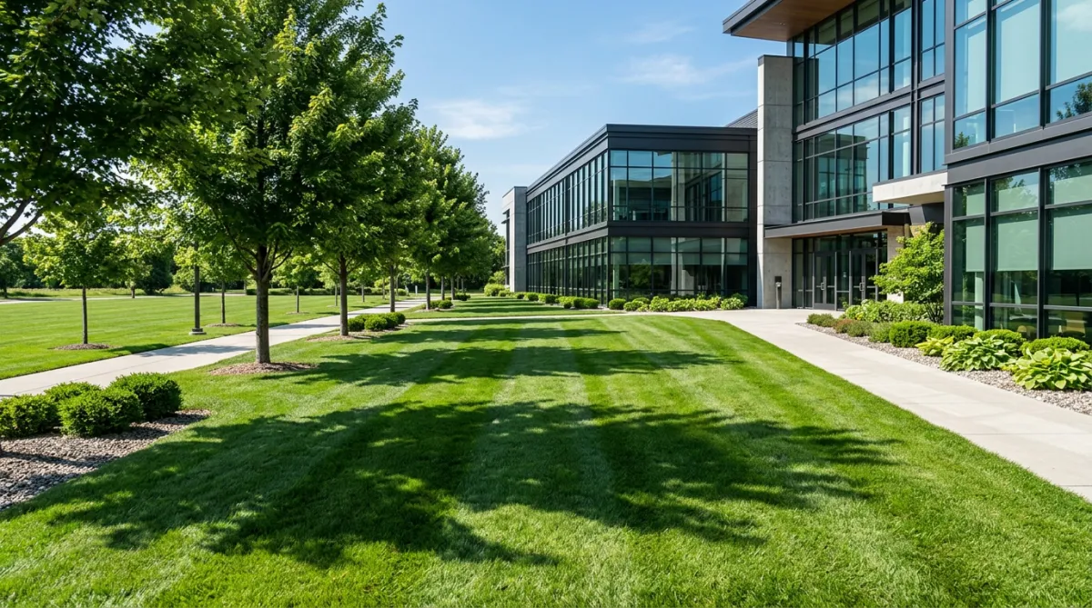 Shadows of trees on a well-maintained commercial lawn next to a building