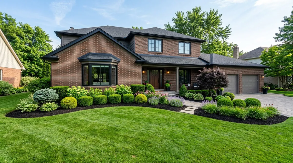 Beautifully manicured residential lawn with fresh dark mulch beds and neatly trimmed bushes in front of a brick house