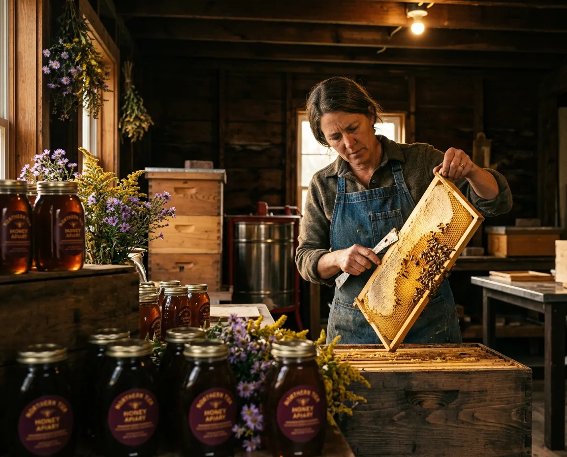 Beekeeper inspecting golden honeycomb frames amidst Pennsylvania mountain wildflowers
