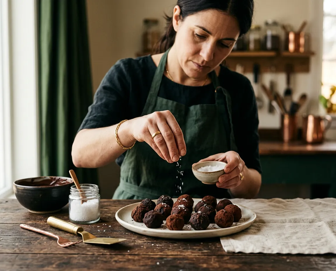 Chocolatier hand-finishing artisanal dark chocolate truffles with regional sea salt