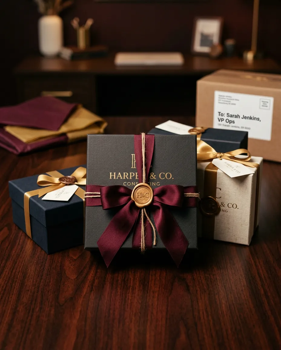 Multiple curated luxury corporate gift boxes with custom branding and wax seals ready for client shipping