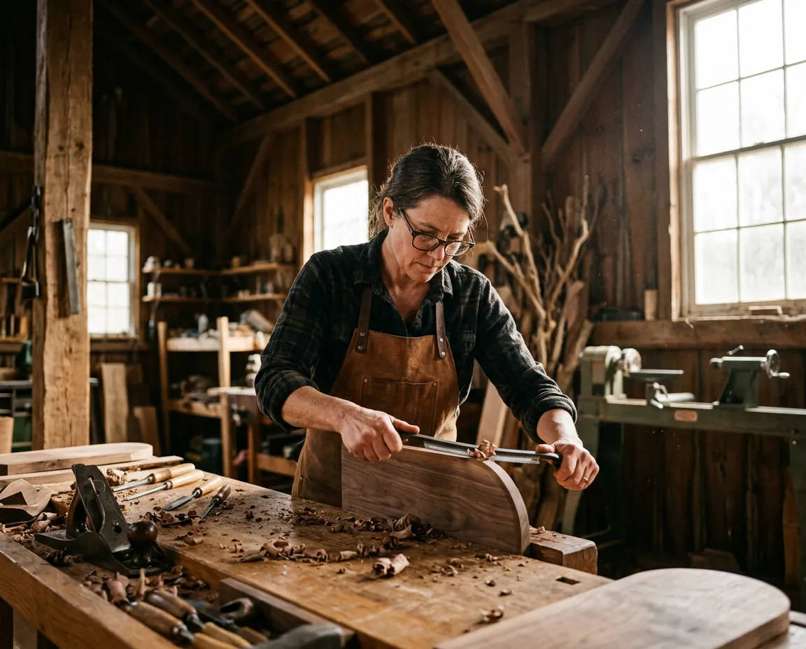 Artisan woodworker shaping native Pennsylvania black walnut in rustic workshop
