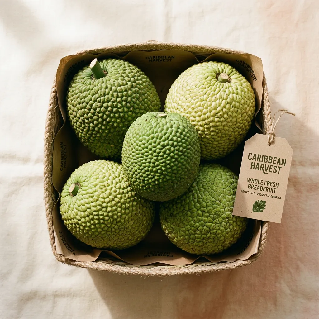 Whole fresh Caribbean breadfruit in wholesale packaging