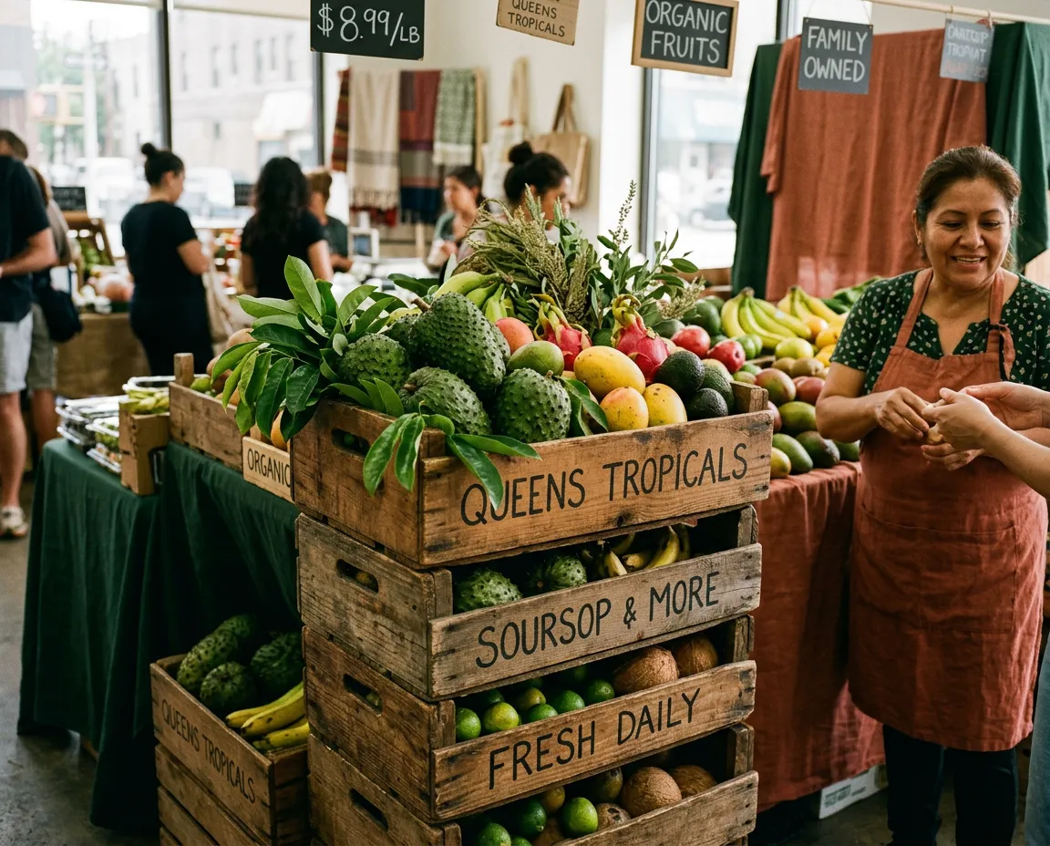 Fresh tropical produce in wooden crates at a Queens family market