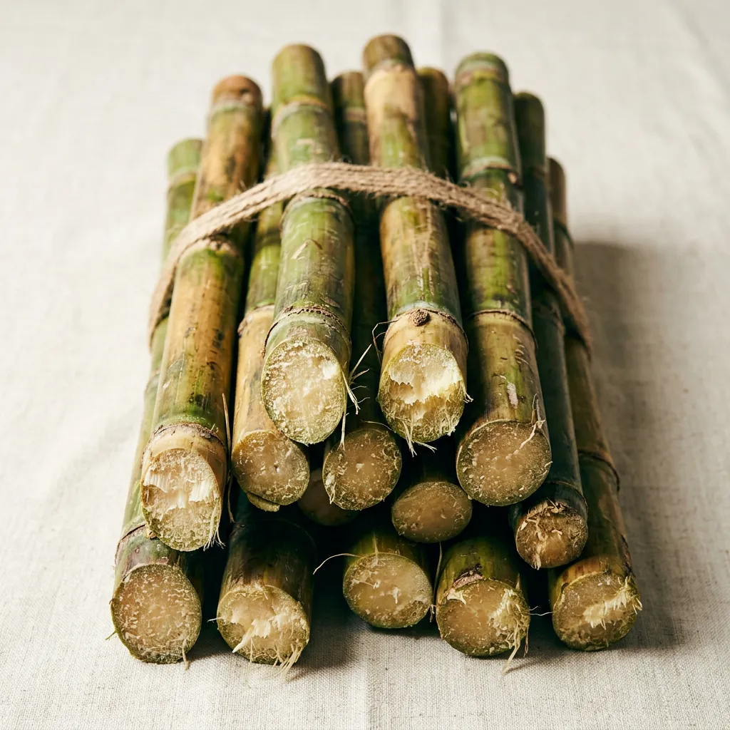 Fresh cut raw sweet sugar cane stalks bundled for market