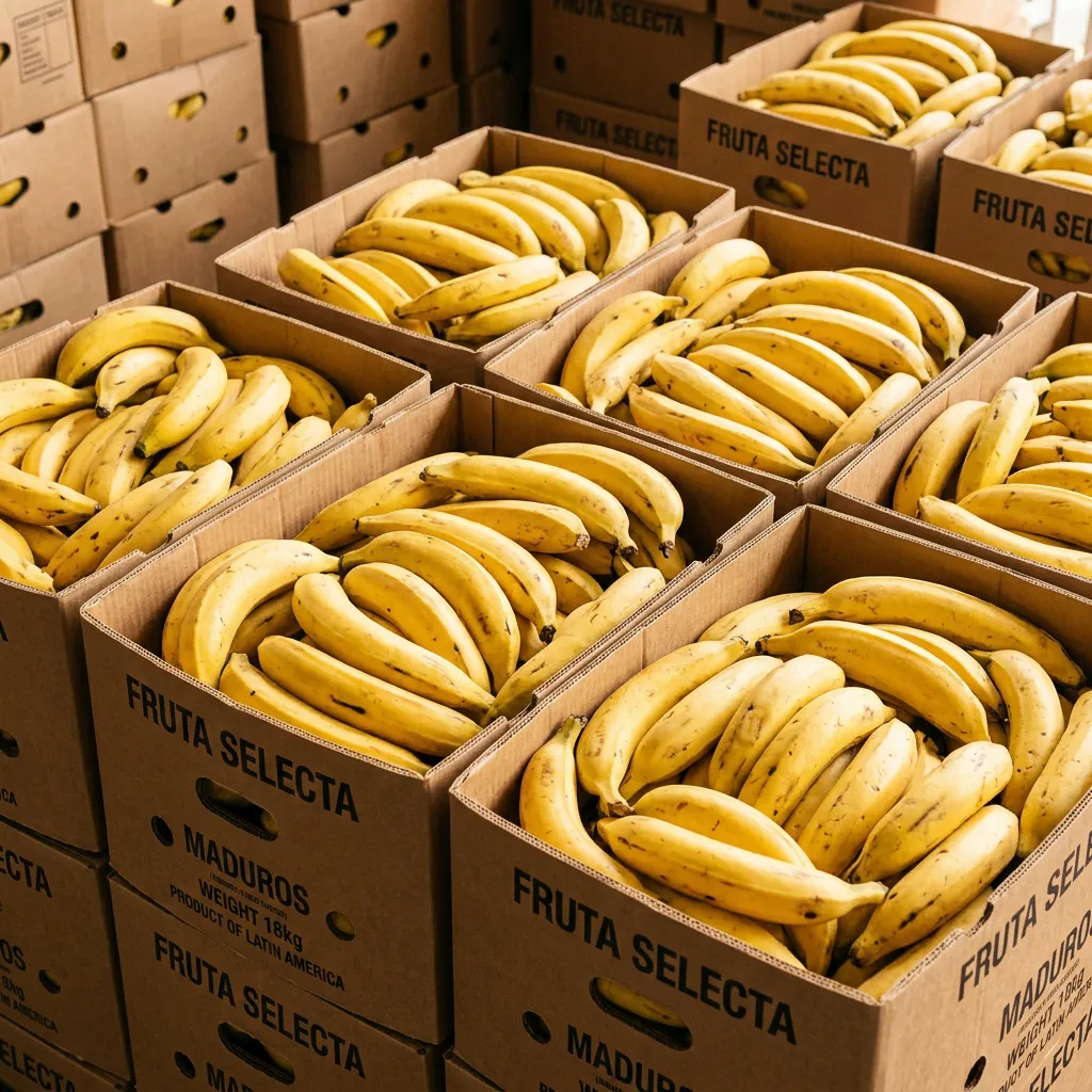 Ripe yellow maduro plantains in bulk commercial boxes