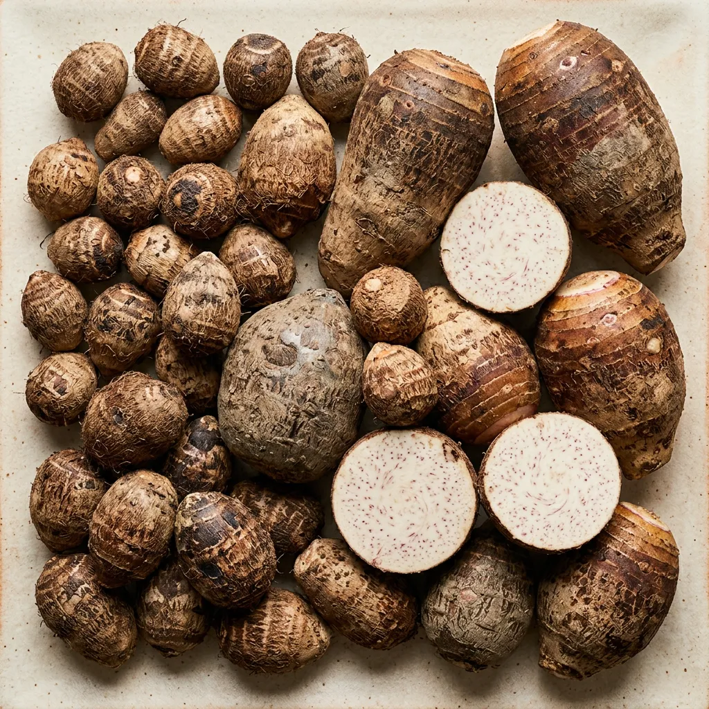 Graded tropical taro root eddoes and dasheen root crop