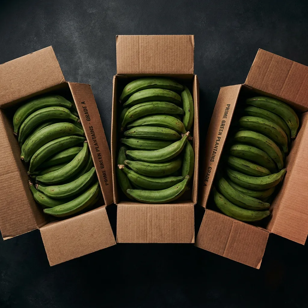 Commercial cartons of grade A green cooking plantains