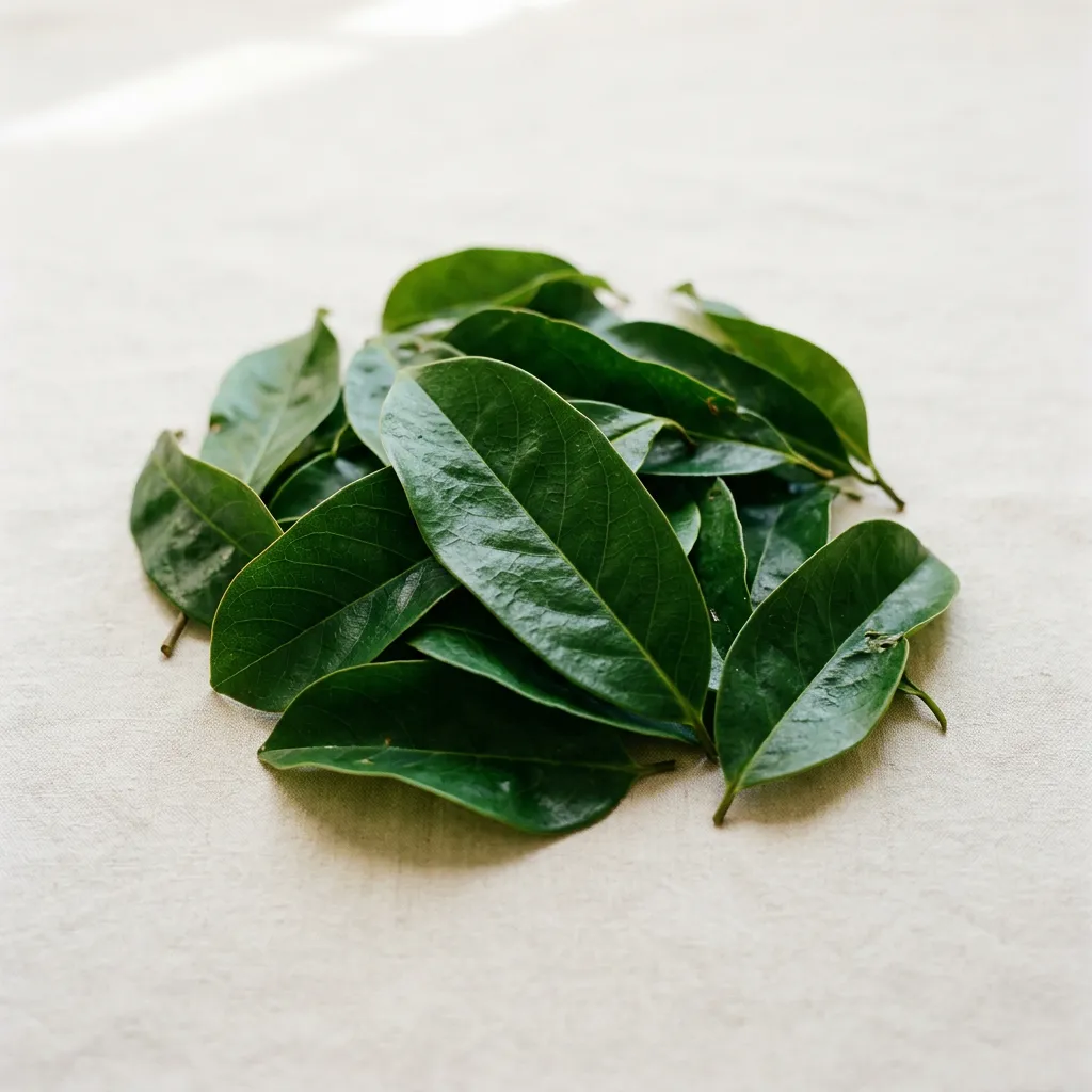 Freshly harvested vibrant green soursop leaves on natural linen surface