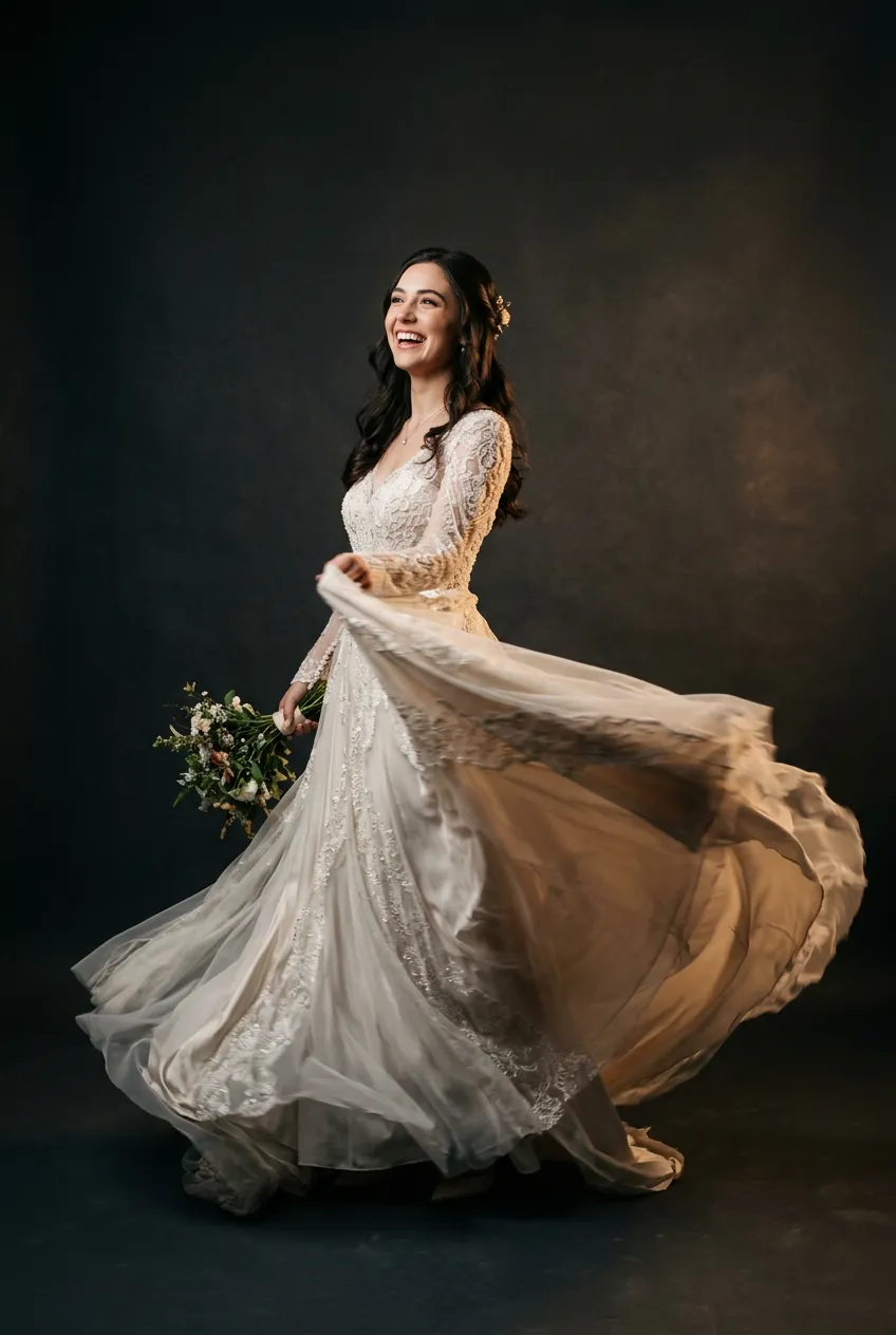 A high-impact editorial magazine-cover style wedding photograph capturing a bride in motion