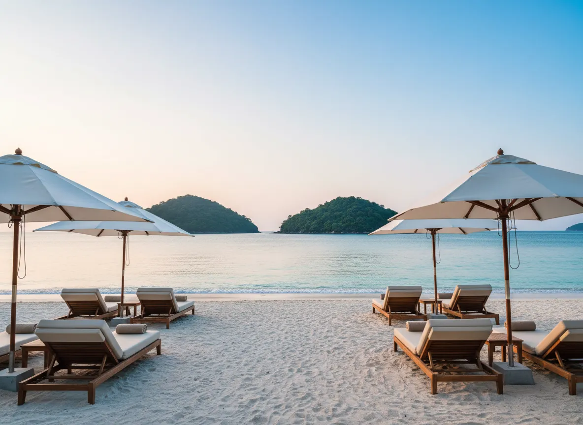 Luxury beach scene in Langkawi with turquoise waters and tropical landscape