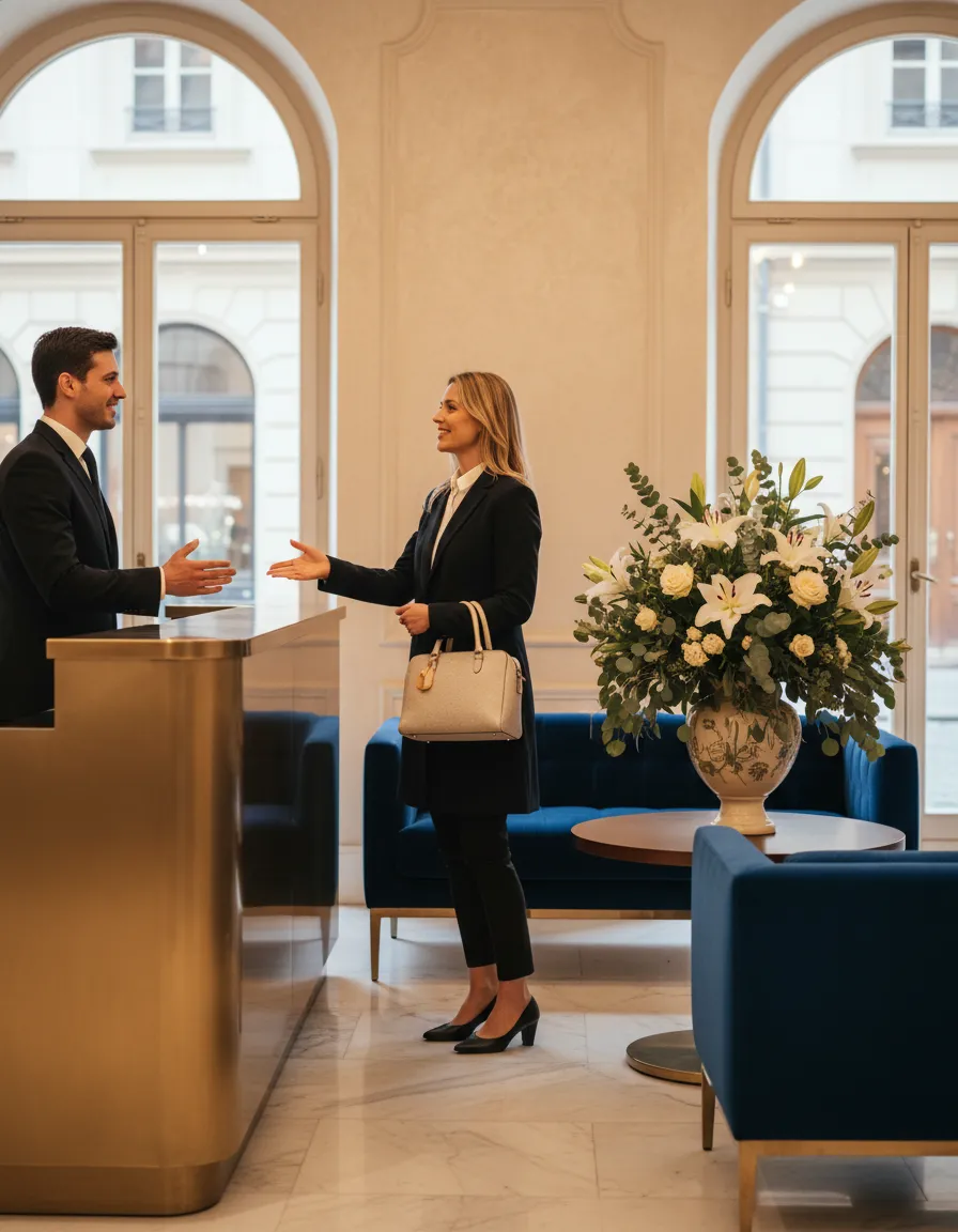 Elegant hotel lobby with warm lighting and guests