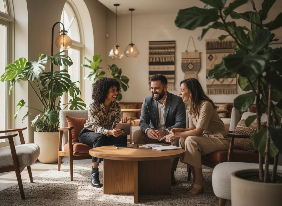 Hospitality team collaborating in a lounge