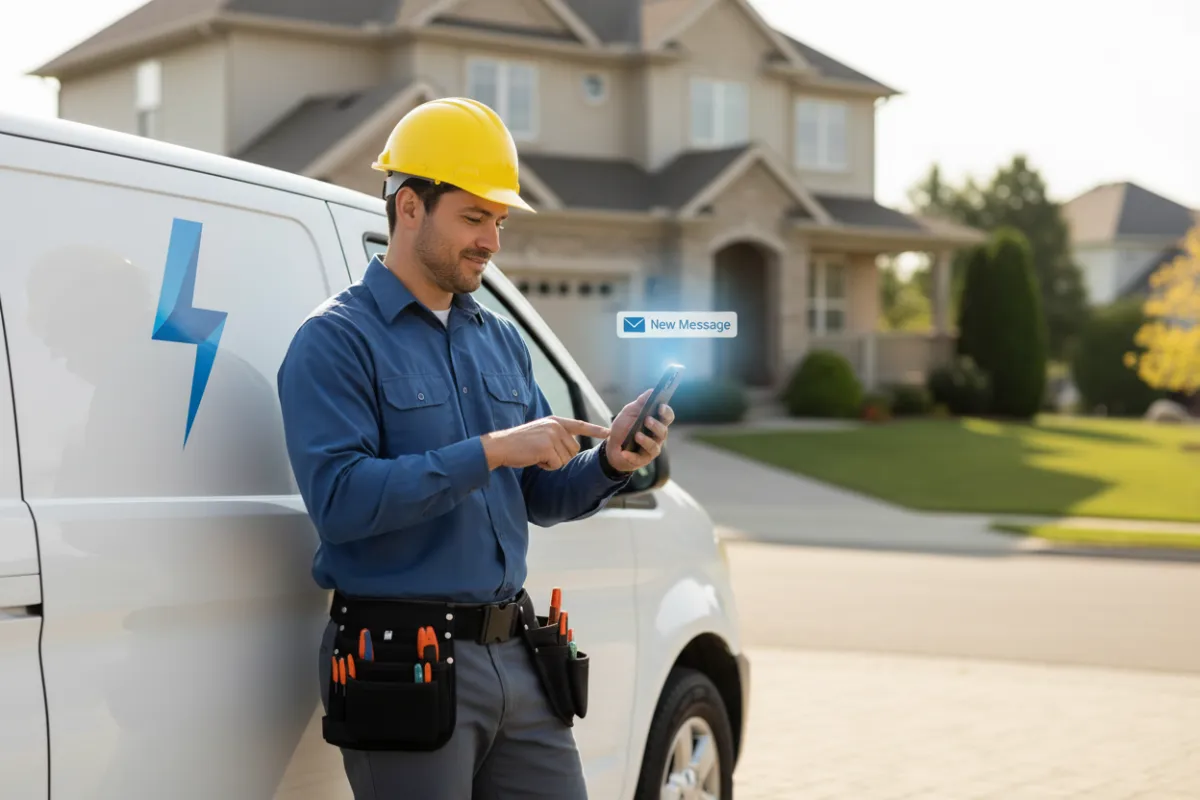 A male electrician in a yellow hard hat checks his phone while standing beside a service van in a suburban driveway. The phone screen glows with a new message notification. The image is bright, relatable, and action-focused. 3:2 aspect ratio.