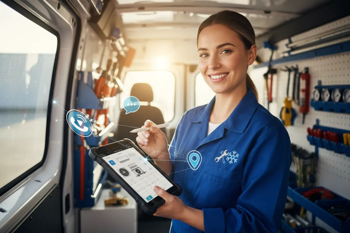 A female HVAC technician in branded overalls smiles while using a tablet in a sunlit van interior, with digital call and message icons floating nearby. The image is modern, approachable, and shows technology in action. 3:2 aspect ratio.