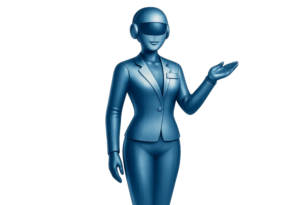 Futuristic AI receptionist greeting a diverse business owner in a modern office, blue and silver gradient lighting, tech-forward style