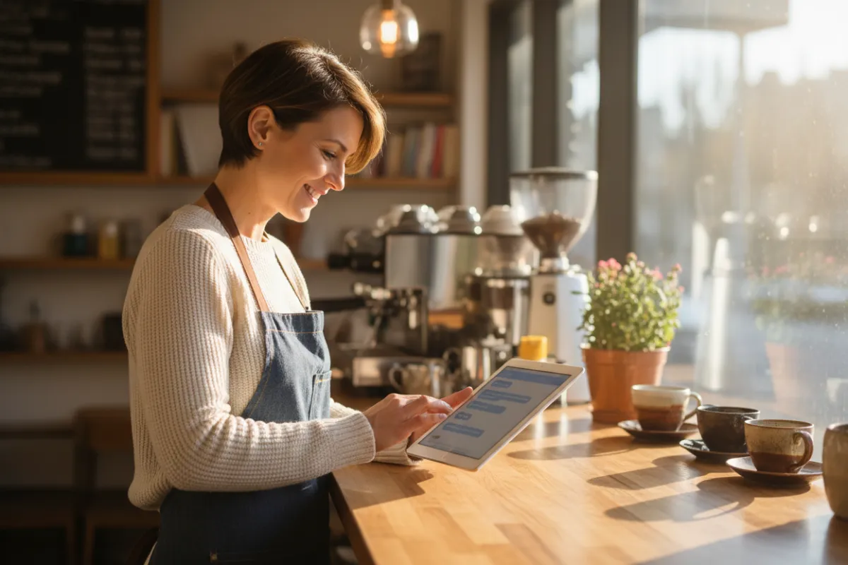 Local cafe owner smiling while checking messages on a tablet at a sunlit counter