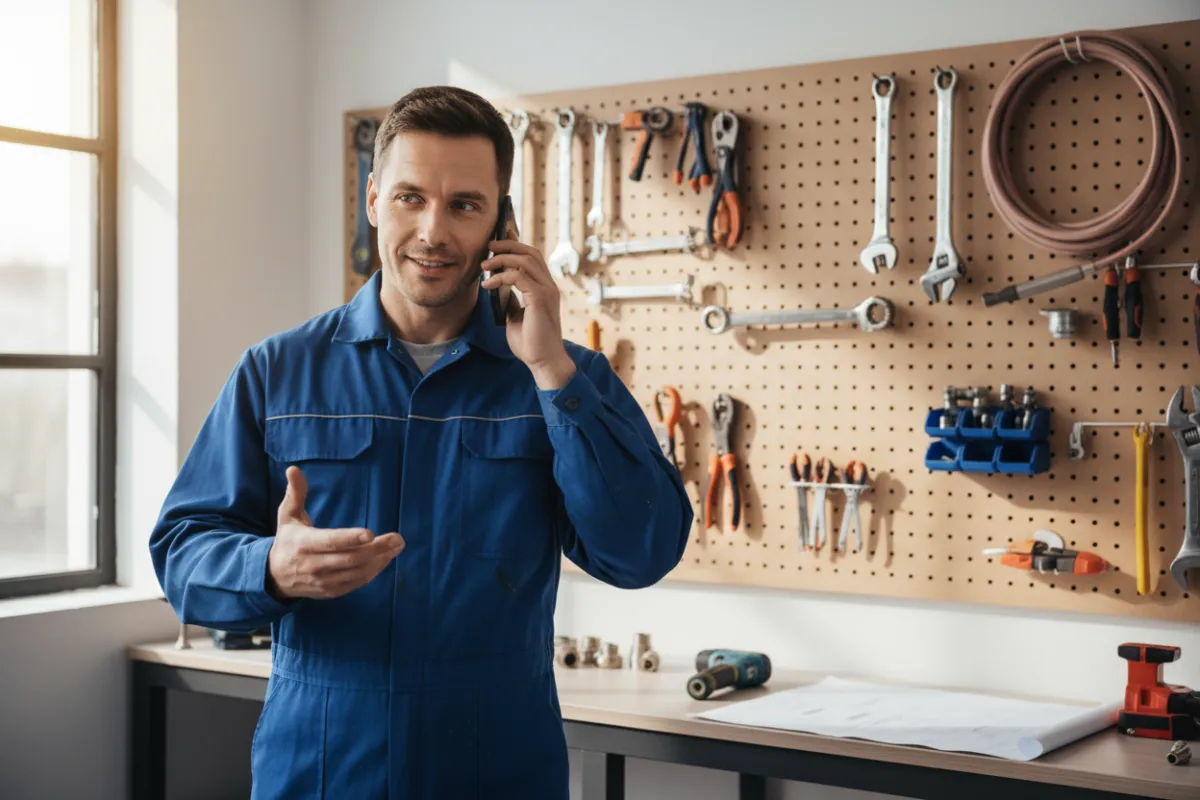 A real plumber in blue uniform answers a call on a smartphone, standing in a bright, organized workshop with tools on the wall. The scene is candid, energetic, and professional, showing a confident tradesperson ready to help customers. 3:2 aspect ratio.