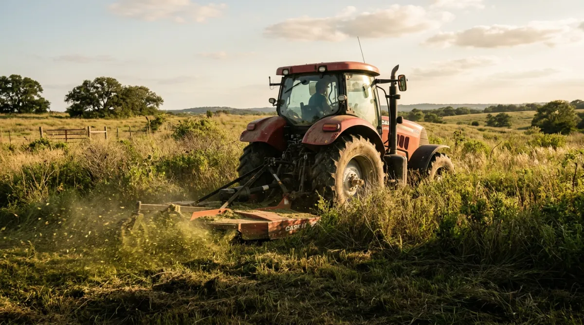 Heavy tractor executing high-capacity pasture mowing and brush hogging