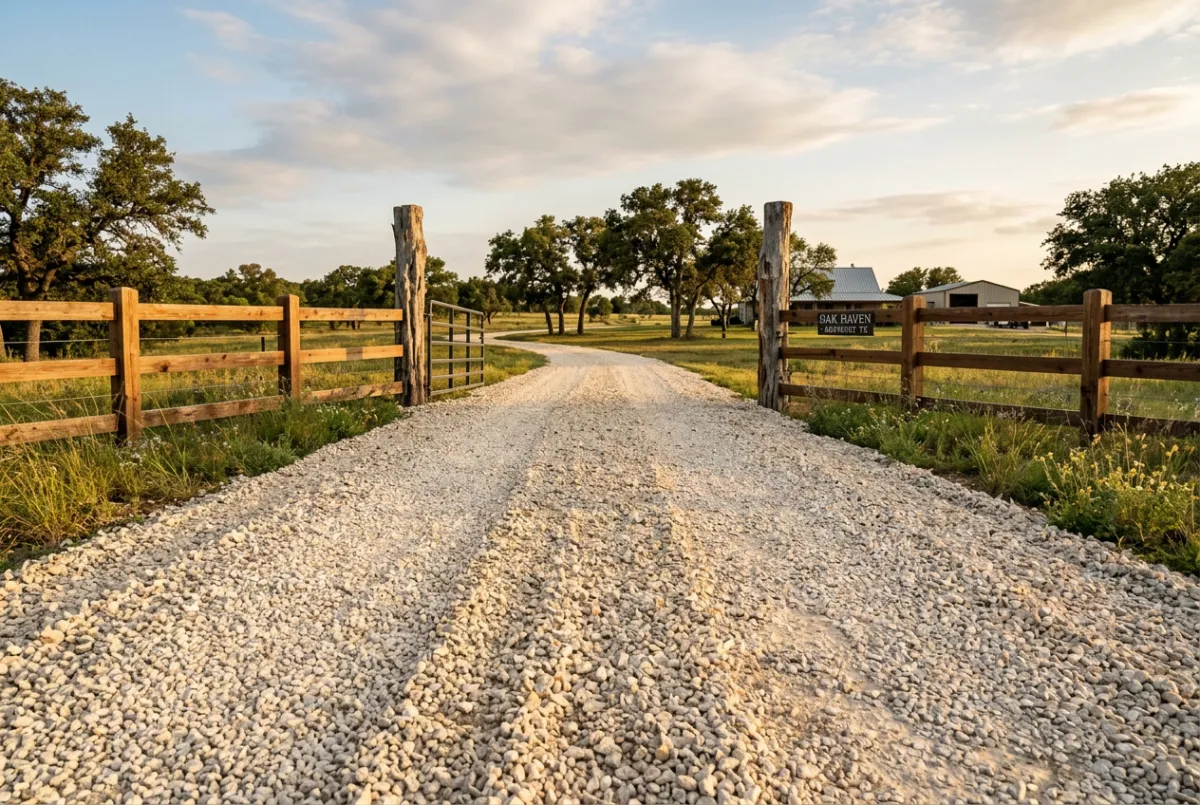 Crushed limestone gravel installed and leveled on entrance road