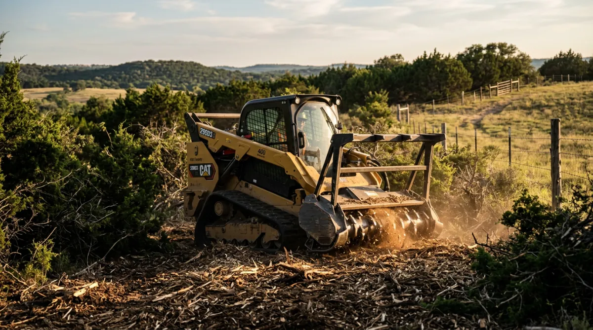 Forestry mulcher clearing dense Texas cedar brush and undergrowth