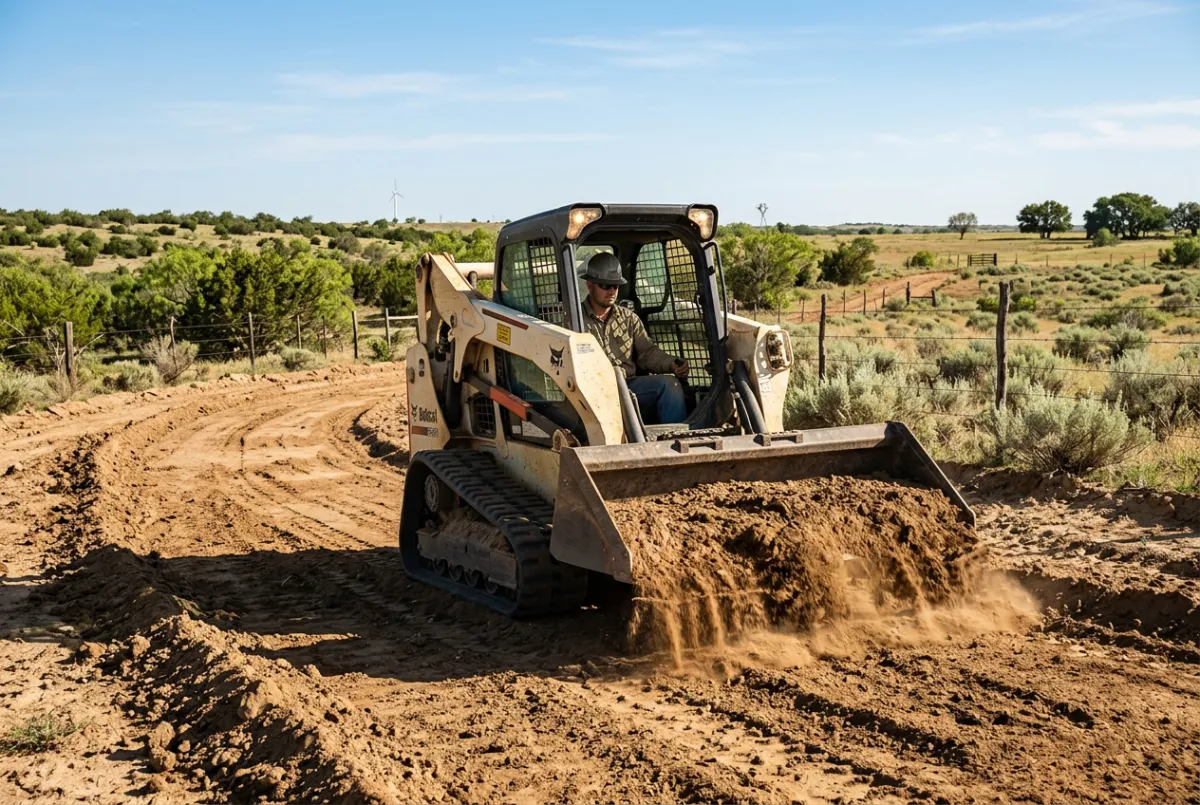Heavy skid steer grading and contouring ranch soil