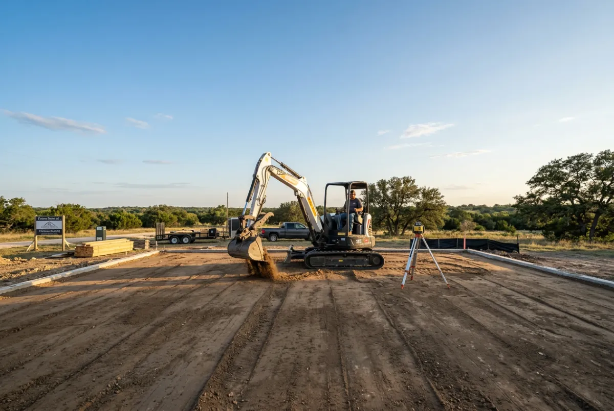 Excavator laser-leveling foundation house pad