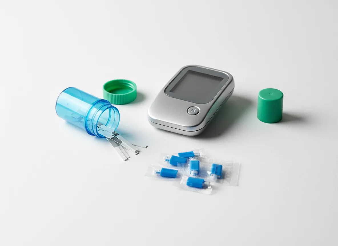 Close-up of diabetic testing supplies and continuous glucose monitor