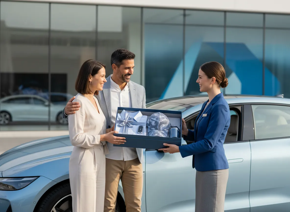 Happy car buyer receiving VIP swag after test drive concierge purchase