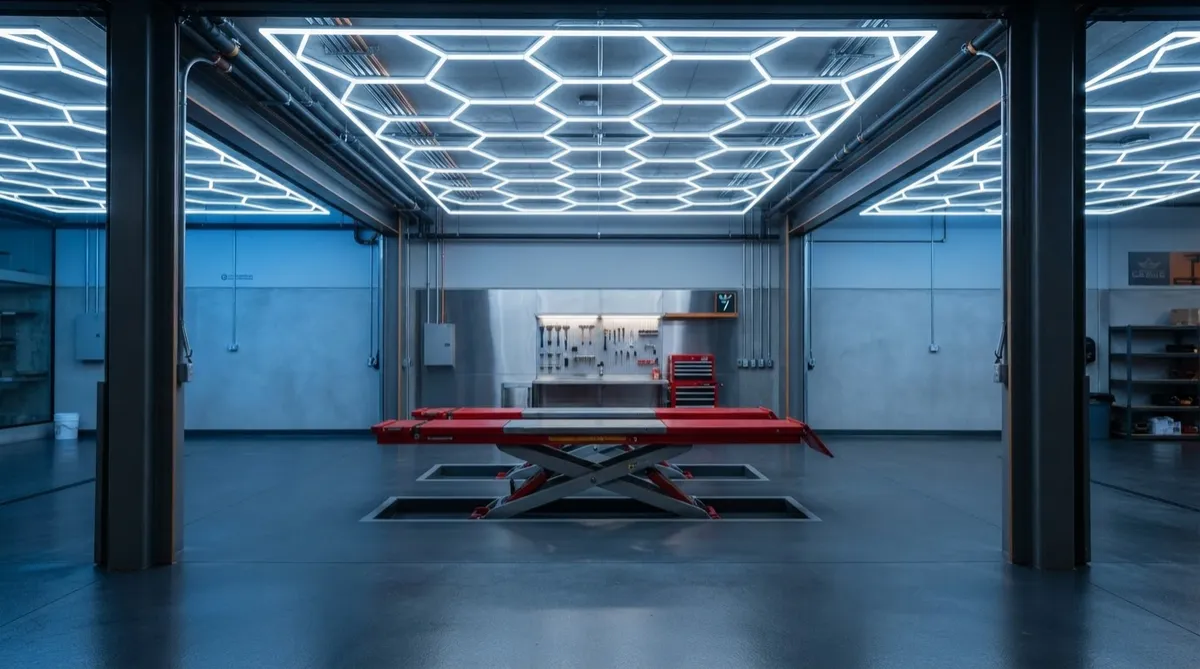 Commercial-grade DIY garage bay with scissor lift and illuminated hex ceiling lights