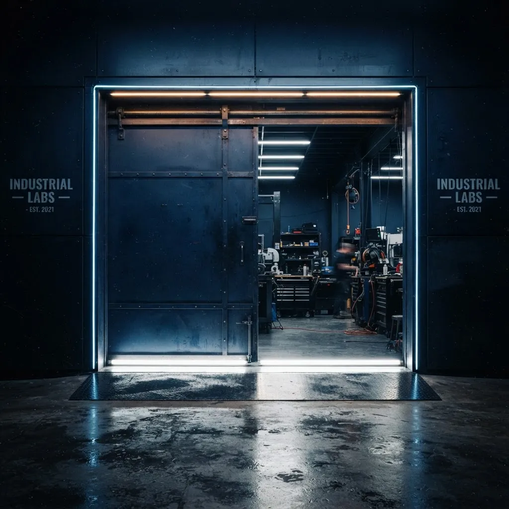 Industrial automated garage bay roll-up door with sleek LED framing and clean concrete threshold