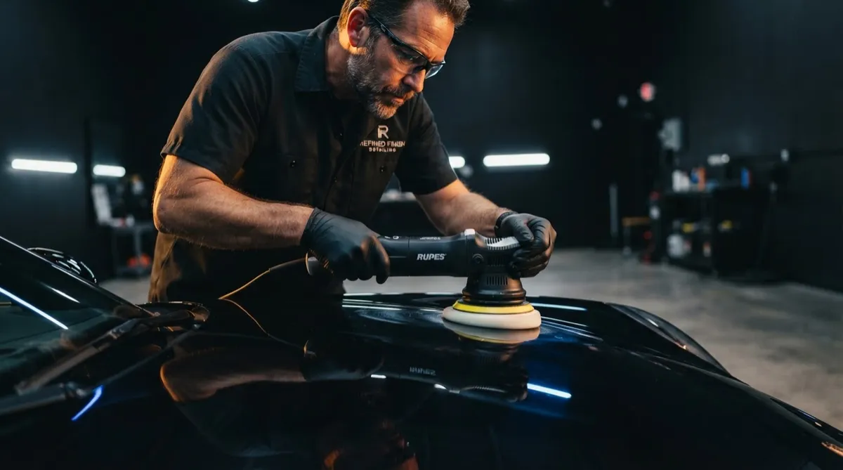 Master detailing technician performing paint correction under studio lighting
