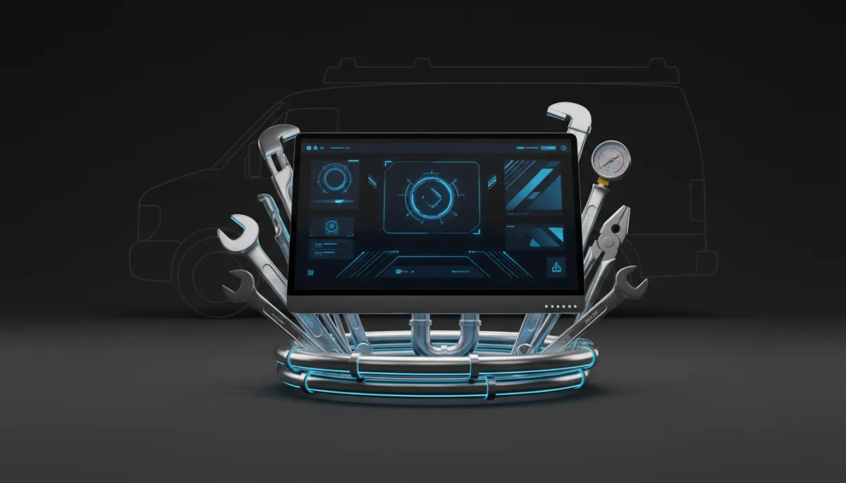 Modern plumbing tools and digital dispatch dashboard