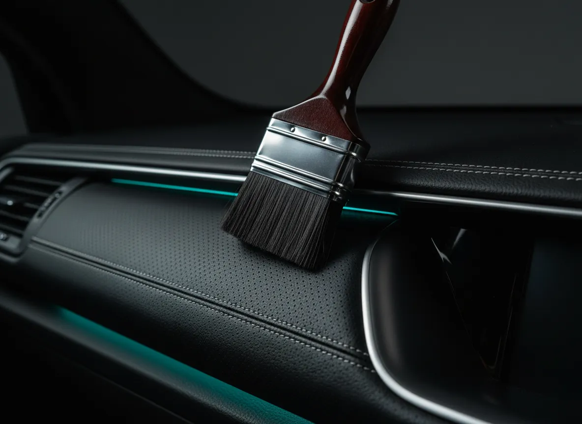 Interior macro detail shot showing pristine leather and dashboard.