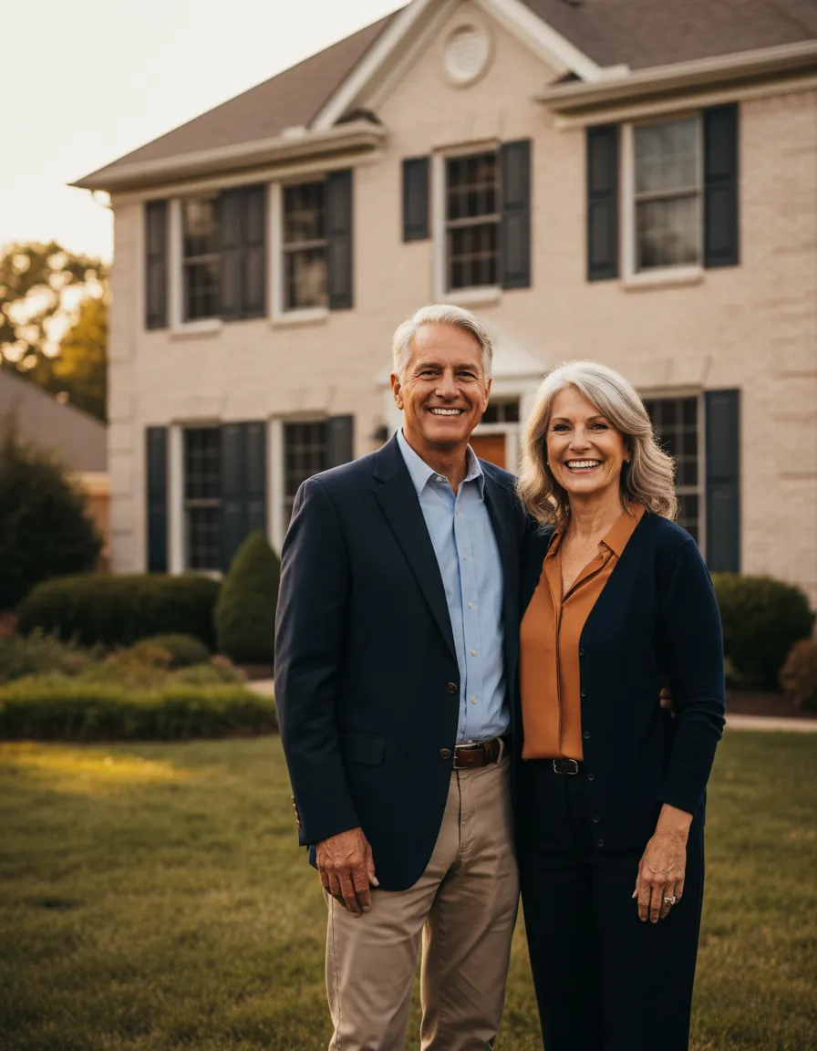 A confident senior couple reviewing a property tax statement with peace of mind after consulting a mortgage advisor.