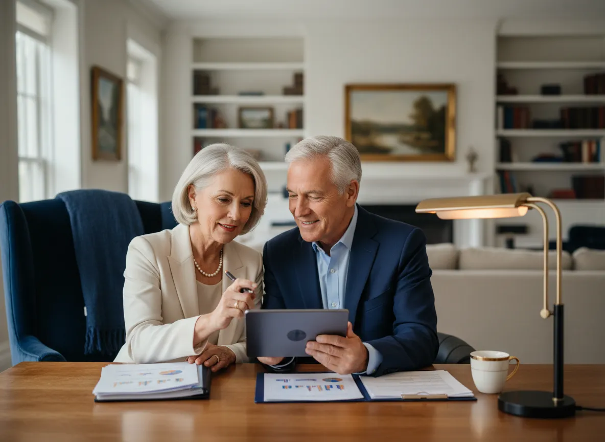 A couple reviewing their financial portfolio comfortably
