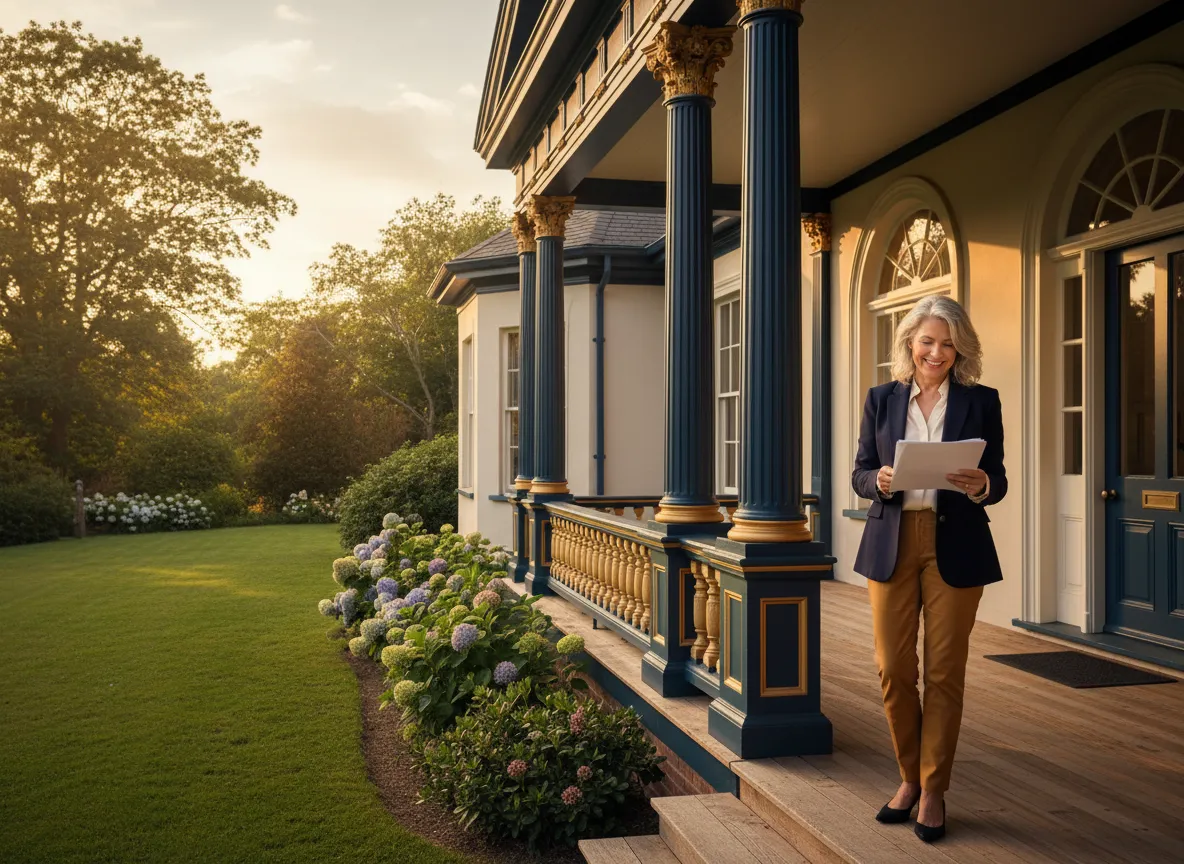A mature homeowner happily looking over documents