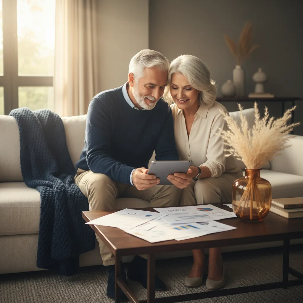 Senior couple reviewing finances with peace of mind