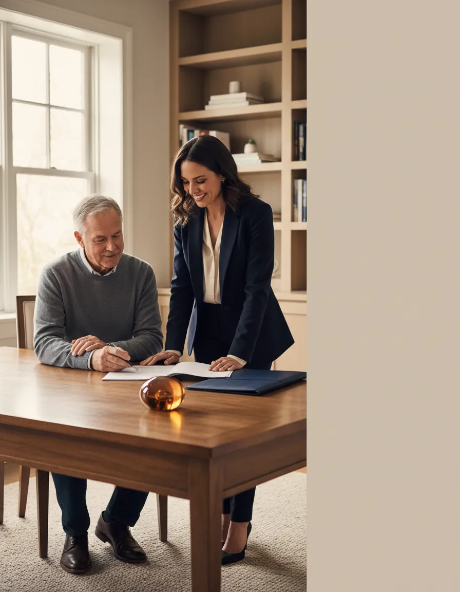 Financial advisor warmly consulting with a senior client regarding a reverse mortgage line of credit