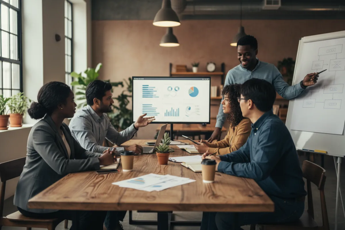 Diverse people of color collaborating in a nonprofit office, candid case study photo