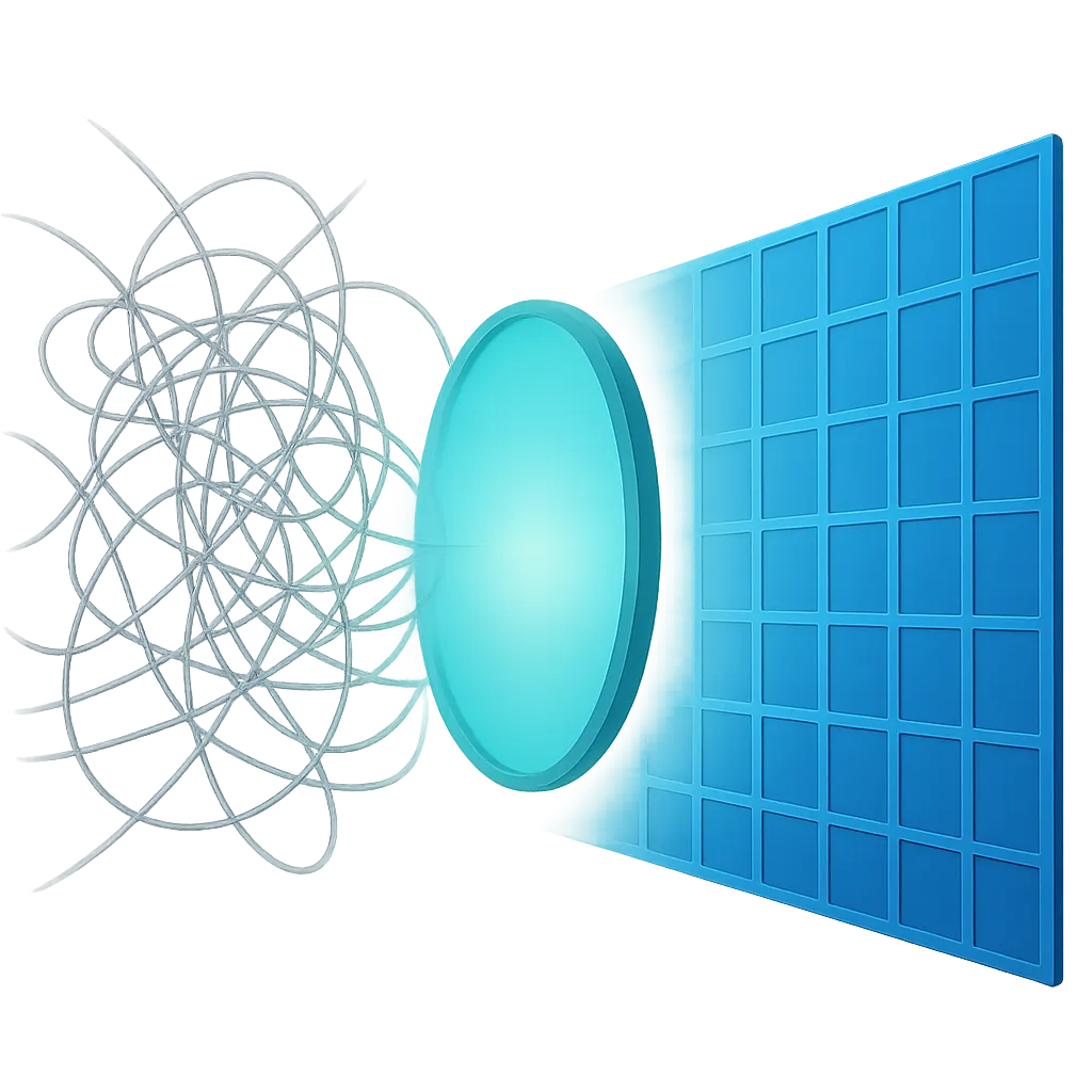 Abstract 3D illustration showing a swarm of chaotic lines organizing into a clean grid