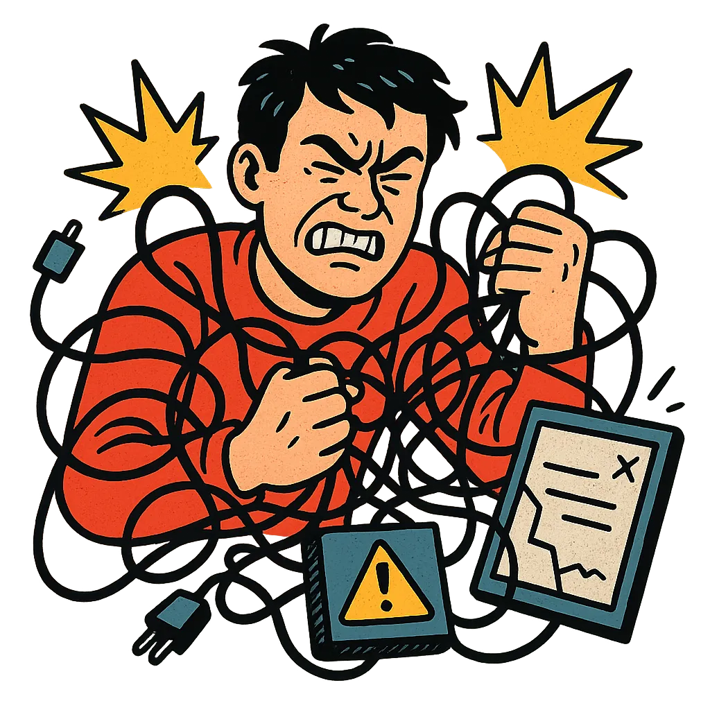 Comic illustration depicting a frustrated user staring at an impossible maze on a computer screen.