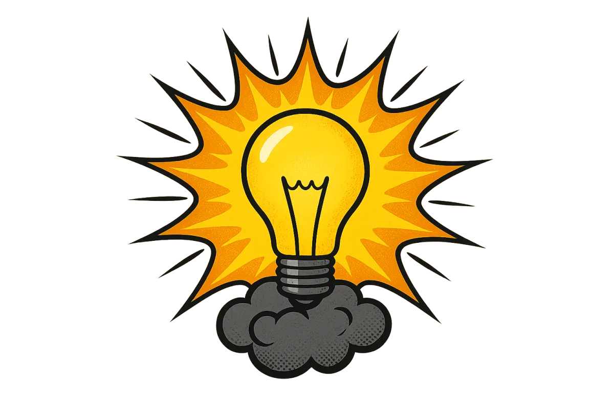 Comic illustration of a lightbulb character experiencing an idea.