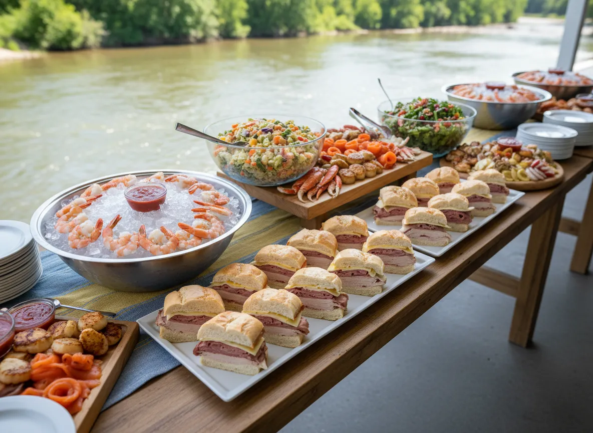 Catering spread from Son's Deli with seafood platters, sandwiches, and deli sides