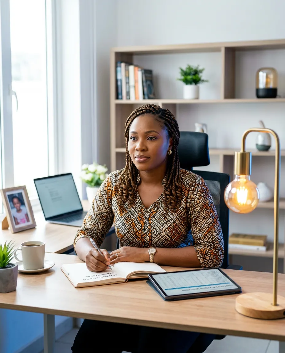 A thoughtful and engaged Nigerian mother planning her child's academic future