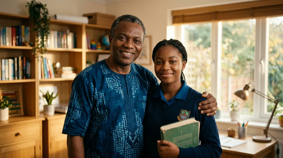 A caring parent and focused child studying together with quiet confidence in a bright home environment
