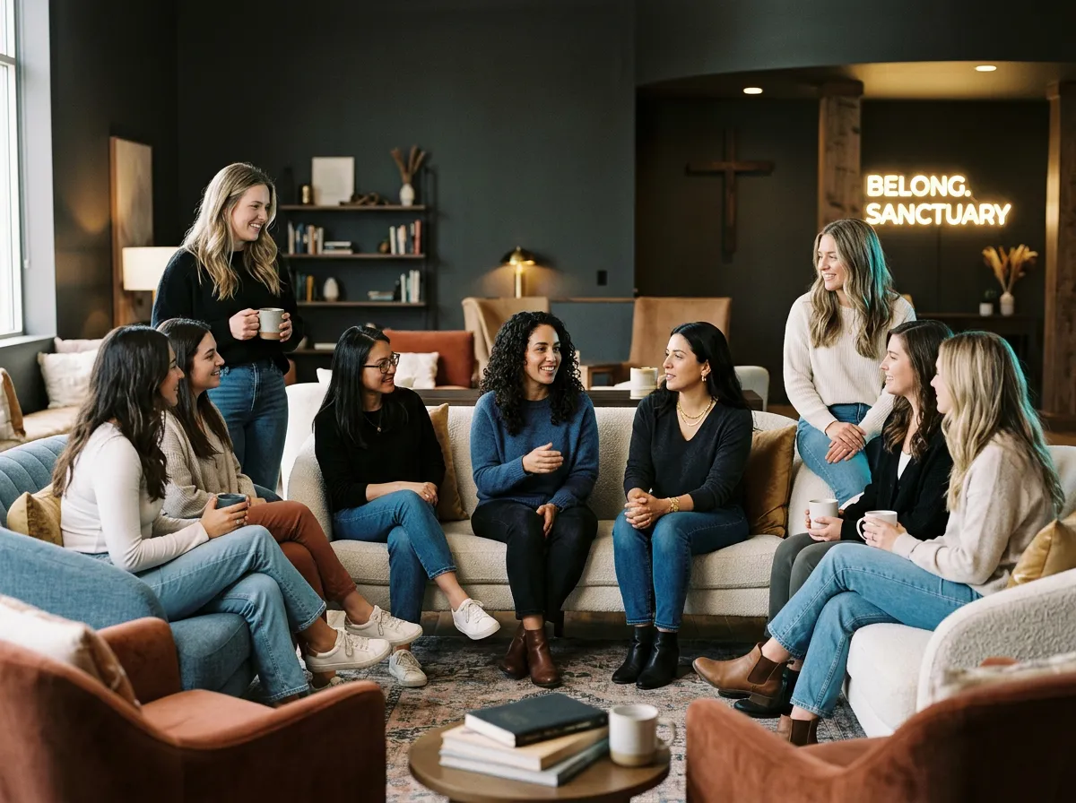Modern women gathering in warm sanctuary fellowship