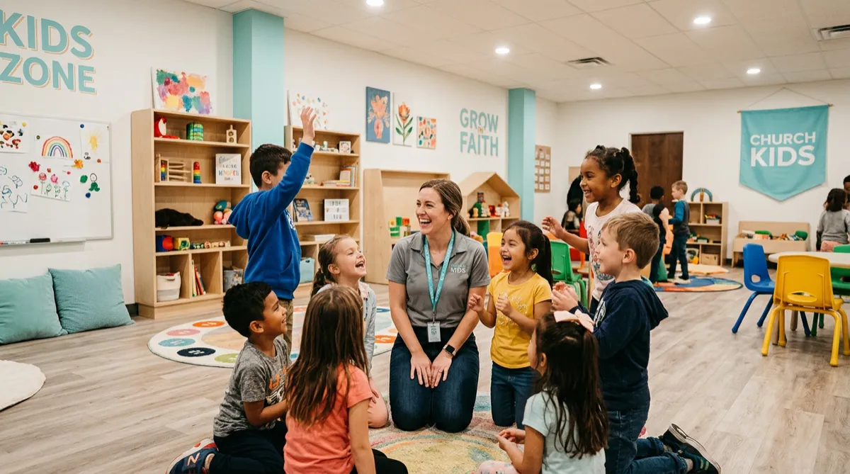 Enthusiastic kids in modern, brightly lit church classroom with mentor
