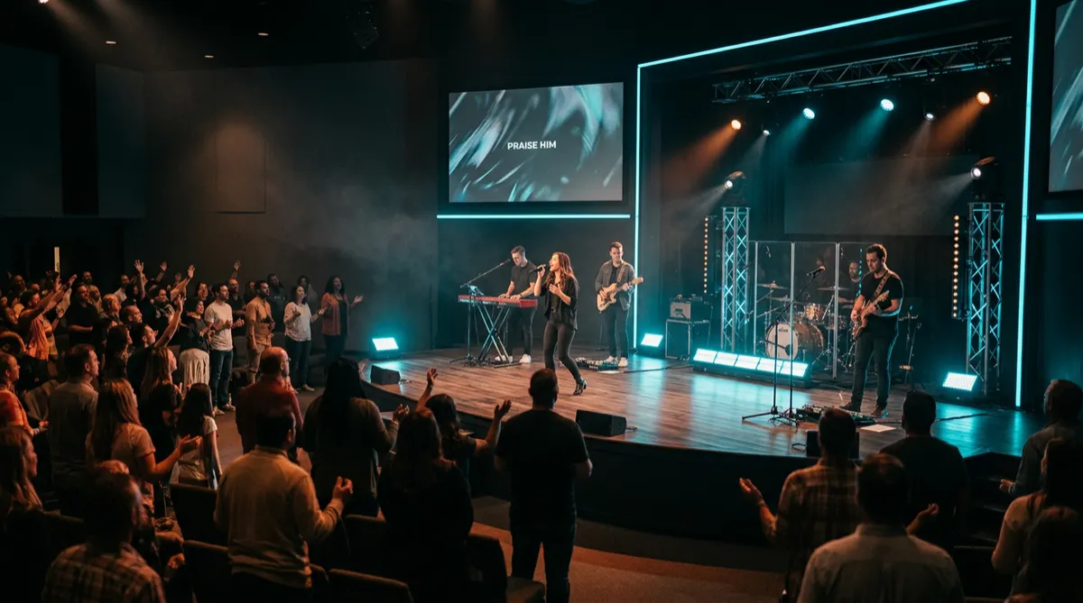 Sanctuary worship atmosphere with modern lighting and worship band