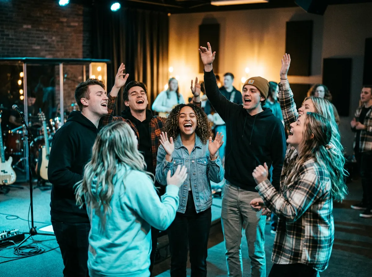 Energetic modern youth in genuine laughter and worship